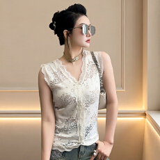 批发2026夏季新款印花拼接<b class='q'>蕾丝</b>V领背心开衫女显瘦打底气质上衣女