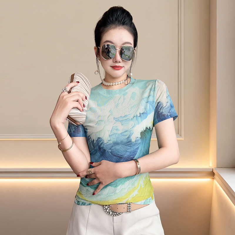 디자인 센스 프린트 망사 라운드 넥 티셔츠 여성 여름 새로운 작은 대중 Chic 슬림해 보이는 다용도 아메리칸 핫걸 맨위