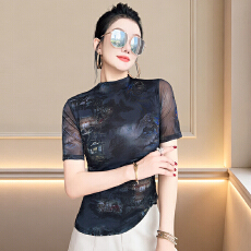 批发2026年新款t恤女高弹网纱双层打底衫女装中袖春<b class='q'>夏</b><b class='q'>夏</b>时尚上衣