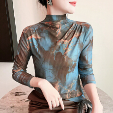 批发法式轻奢印花网纱上衣女装秋季新款修身长袖t恤气质显瘦打底小衫
