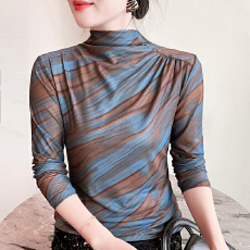 批发法式轻奢印花网纱上衣女装秋季新款修身长袖t恤气质显瘦打底小衫