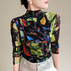 批发法式轻奢印花<b class='q'>网纱</b><b class='q'>上衣</b>女装秋季新款修身长袖t恤气质显瘦打底小衫