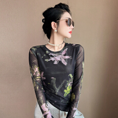批发高级感印花网纱<b class='q'>T</b><b class='q'>恤</b><b class='q'>女</b><b class='q'>长袖</b>欧洲站独特气质修身圆领设计感上衣秋冬