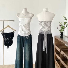 批发新款纯欲内搭性感烫钻后背蕾丝绑带抹胸修身一体式带胸垫<b class='q'>百搭</b>上衣