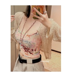 批发王等等曼谷<b class='q'>街头</b>印花网纱面料长袖外衫吊带背心套装