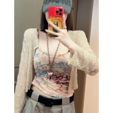 批发王等等曼谷<b class='q'>街头</b>印花网纱面料长袖外衫吊带背心套装