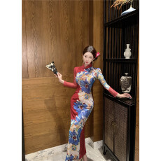 批发实拍  时尚性感花朵网纱旗袍包臀开叉<b class='q'>连衣裙</b>