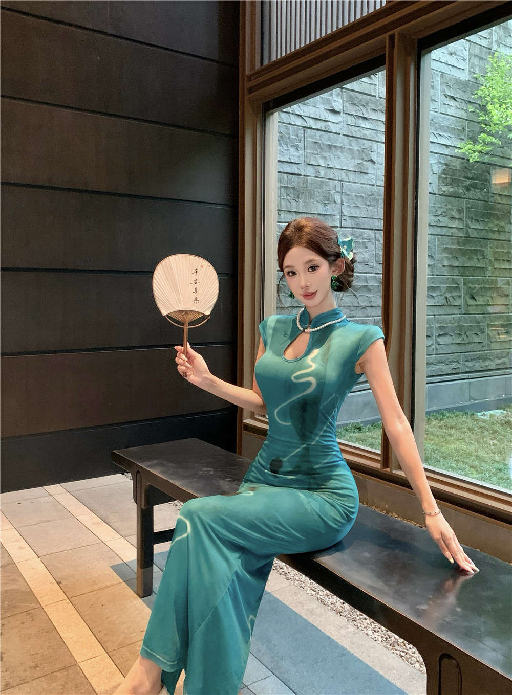 실사 섹시함 망사 프린트 진주 체인 타이트 스커트 드레스