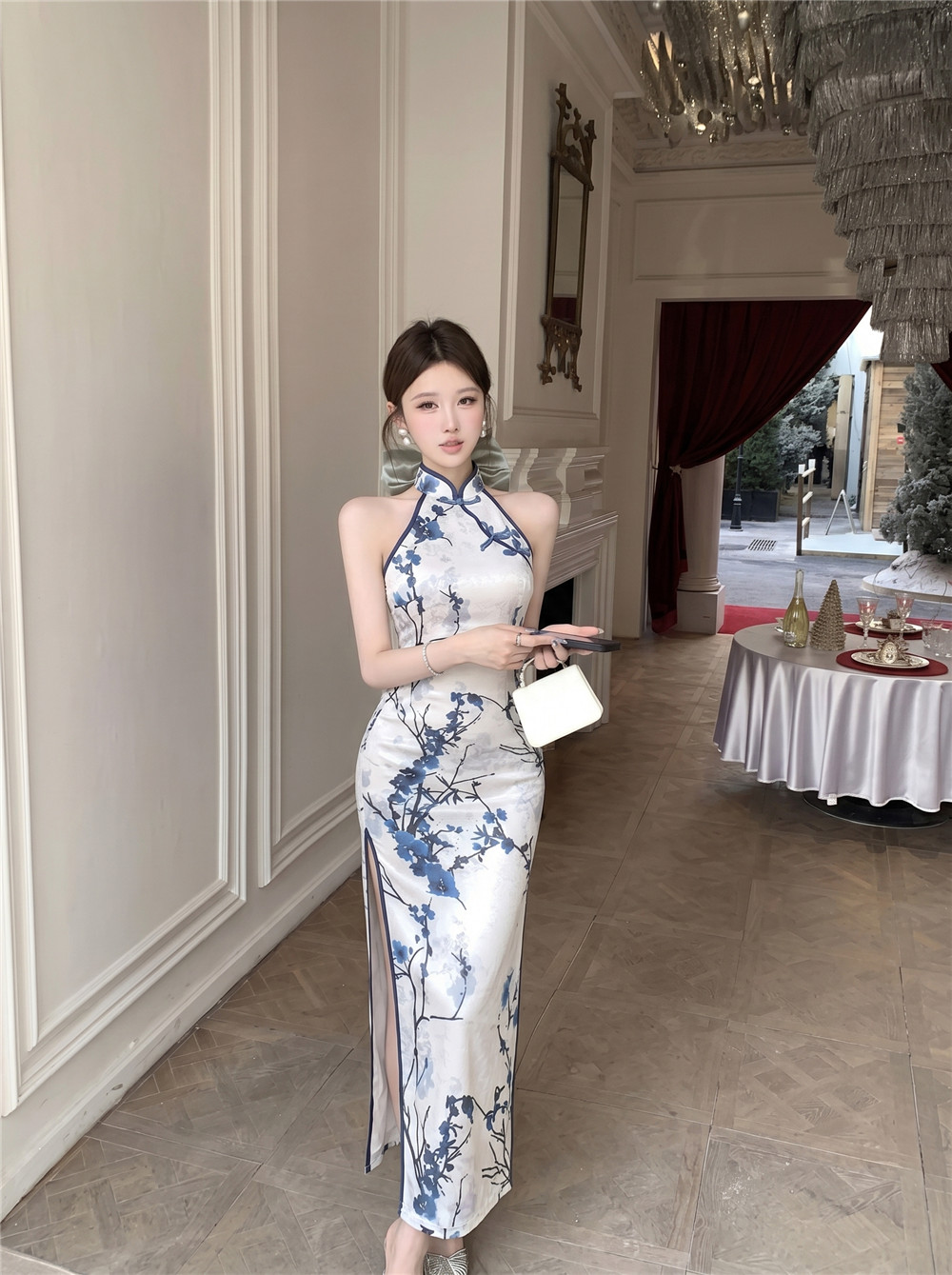 실사 새로운 중식 망사 프린트 싱글 줄 버튼 트임 치파오 드레스