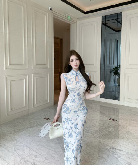 실사 새로운 중식 물방울 칼라 작은 꽃무늬 트임 치파오 드레스