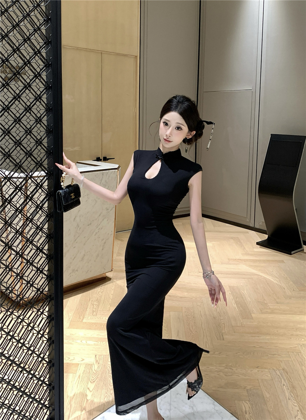 실사 섹시함 새로운 중식 물방울 칼라 레이스 조각 인어 꼬리 망사 드레스