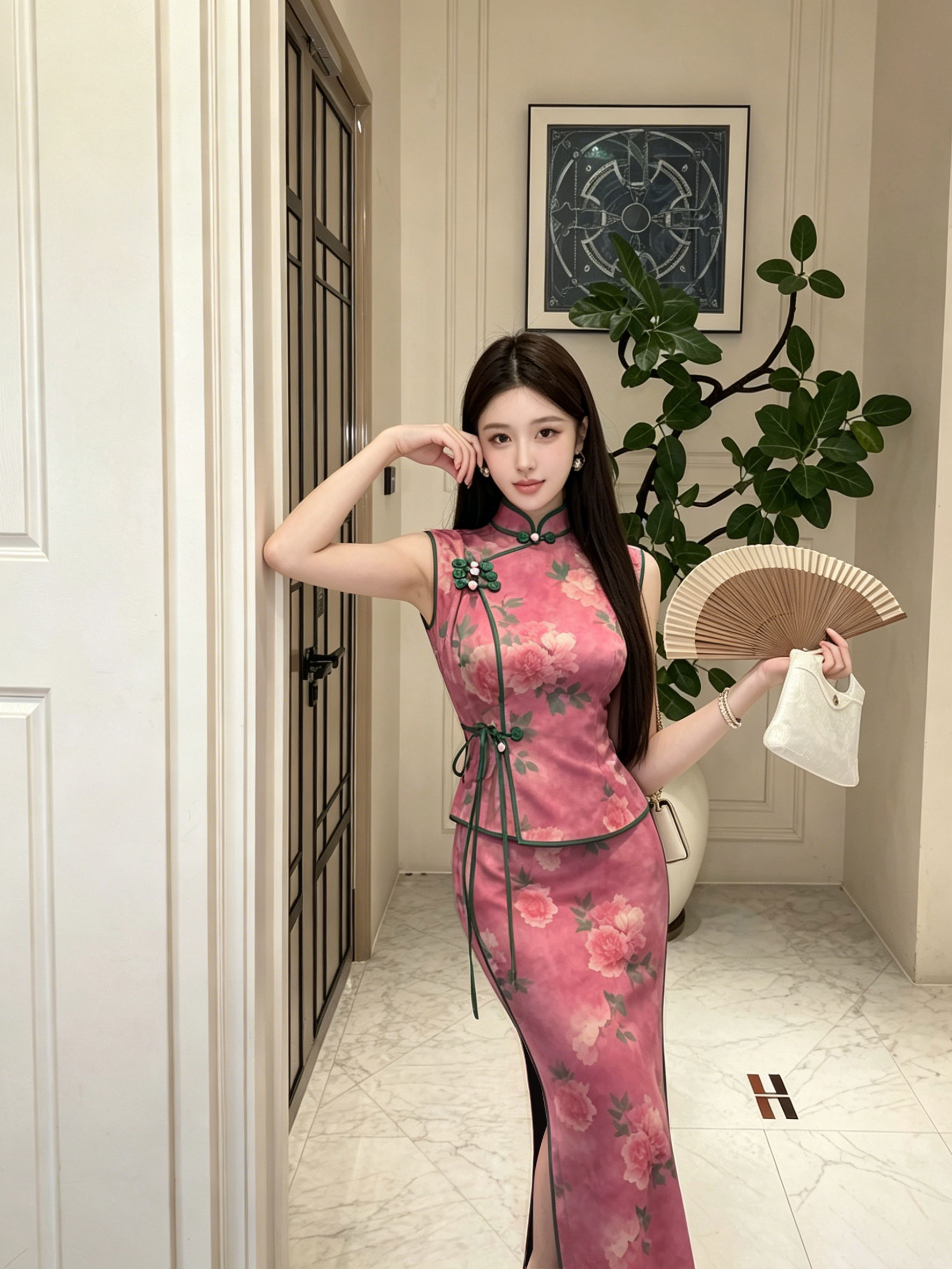 时尚温绑带网纱新中式上衣+高腰开叉半身裙套装 服裝批發女裝批發服飾貨源