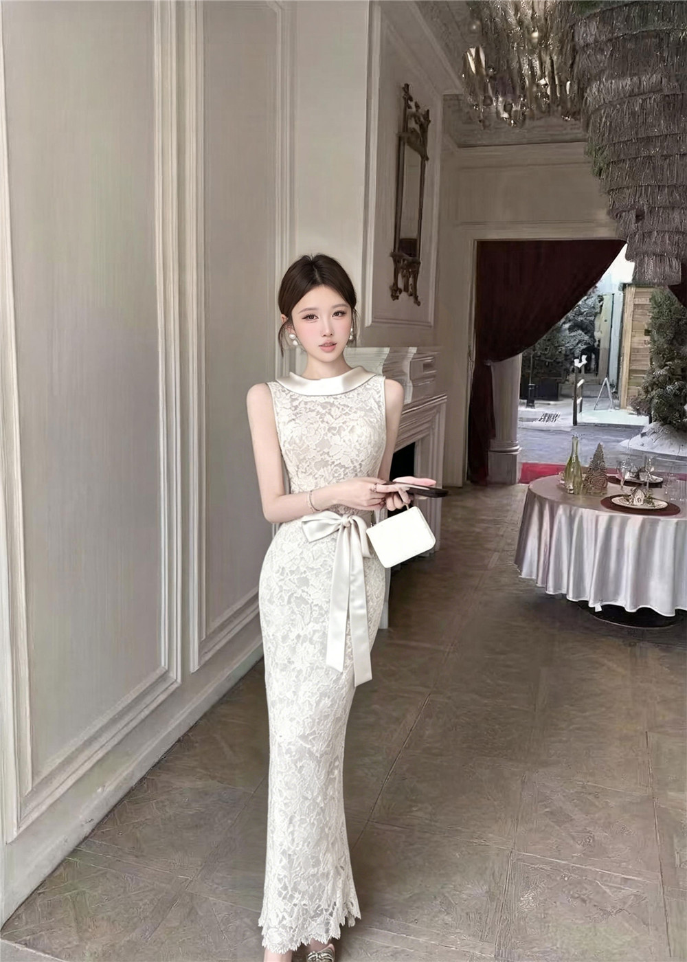 法式时尚蕾丝收腰包臀系带蝴蝶结开衩连衣裙 服裝批發女裝批發服飾貨源