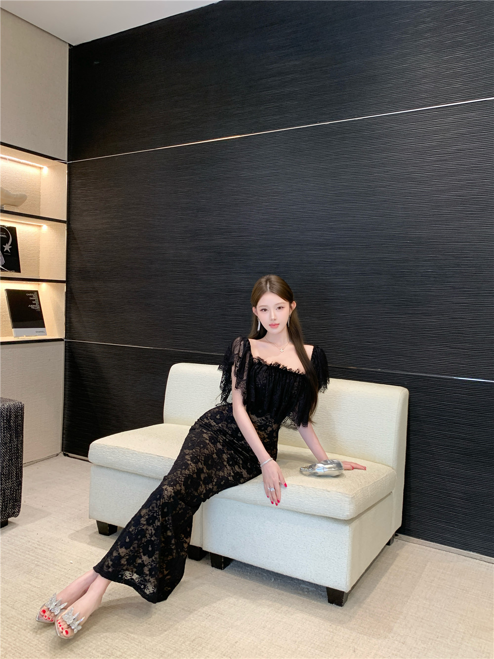 纯欲风性感一字领露肩多种穿法蕾丝连衣裙 服裝批發女裝批發服飾貨源