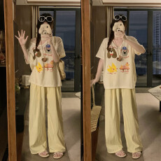 批发实拍大码卡通<b class='q'>印花</b>u领宽松显瘦短袖百搭打底衫+裤子两件套