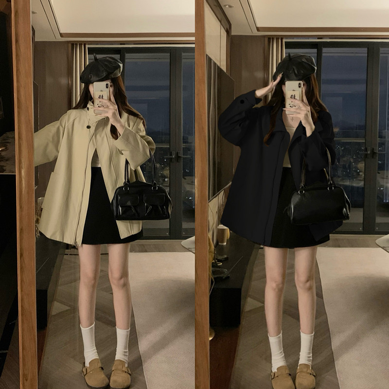 실사 빅 사이즈 한국 chic 가을 새로운 레트로 영국식 바람 스탠드 칼라 루즈핏 긴팔 재킷 재킷