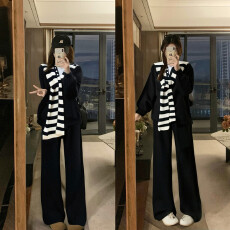 批发实拍大码黑色带披肩长袖卫衣慵懒风宽松休闲运动三件套