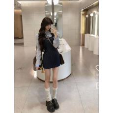 批发大码<b class='q'>甜美</b>学院风蓝色条纹拼接假两件连衣裙