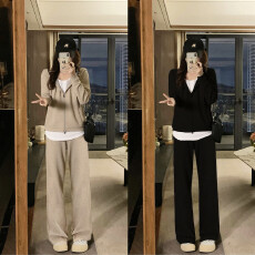 批发实拍大码新款假两件上衣显瘦+阔腿裤两件套