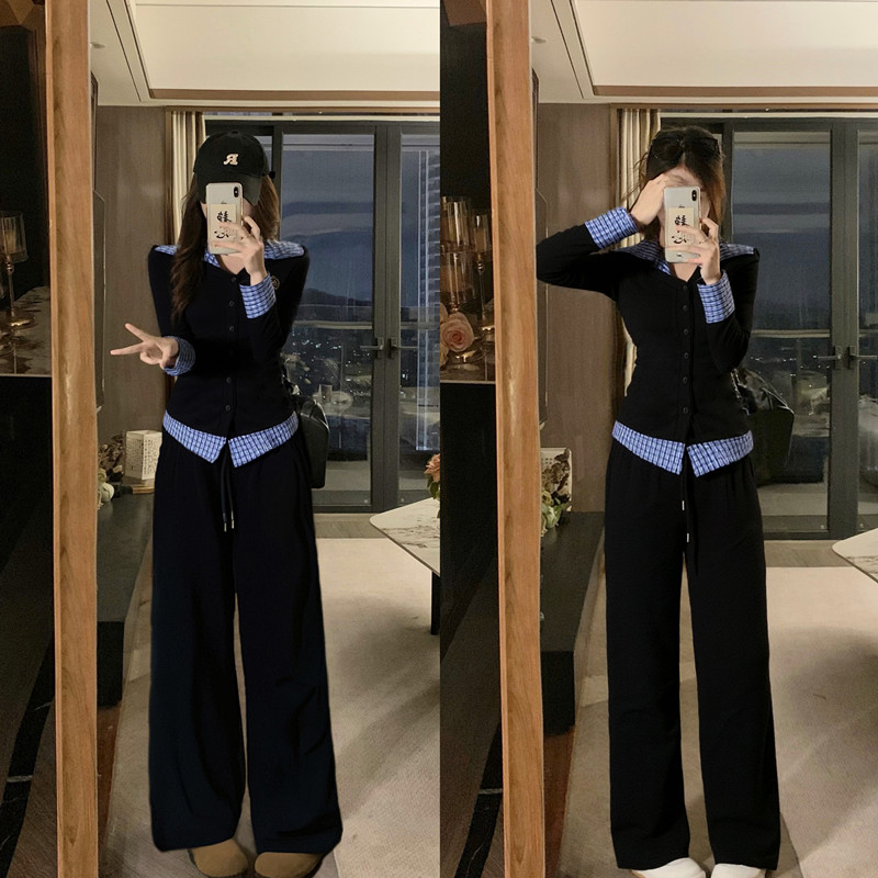 실사 빅 사이즈 한 부서 페이크 레이어드 POLO 칼라 긴팔 맨위 몸매 가꾸기 맨위 긴 바지 투피스 세트