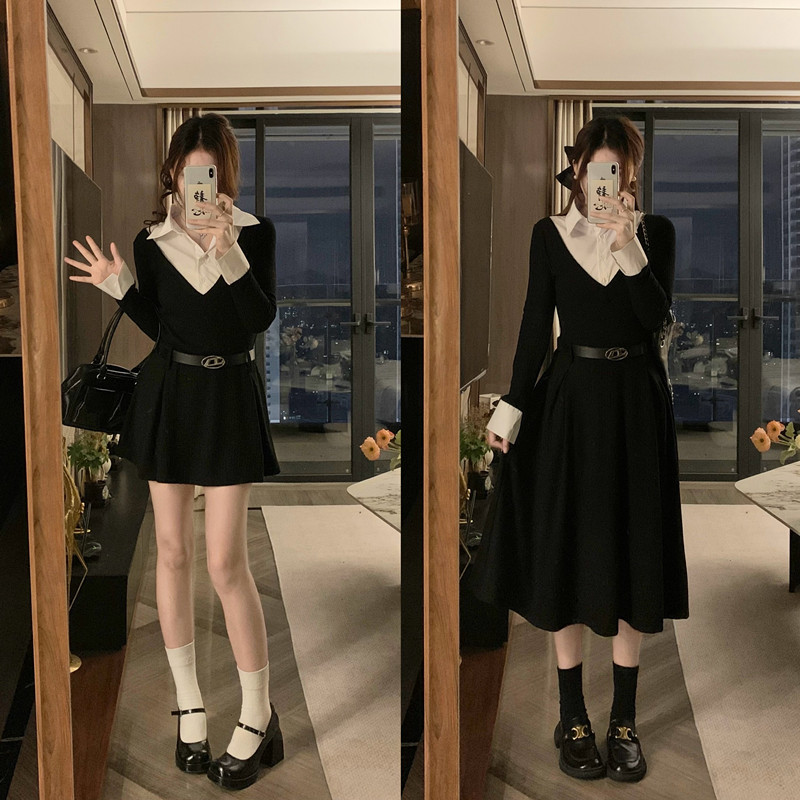 실사 빅 사이즈 새로운 검정색 긴팔 페이크 레이어드 여성 드레스 허리 수축 슬림해 보이는 드레스 보내기 벨트
