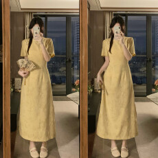 批发大码胖mm新中式改良<b class='q'>旗袍</b>连衣裙女新款黄色提花收腰显瘦裙子