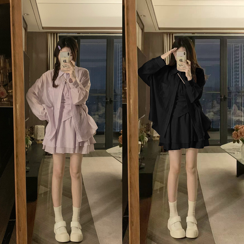 실사 한 부서 자외선 차단 빅 사이즈 캐주얼 캐미솔 셔츠 루즈핏 슬림해 보이는 치마 3종 세트