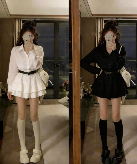 실사 빅 사이즈 한 부서 POLO 칼라 셔츠 허리 수축 드레스 안전 반바지 벨트 보내기