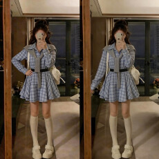 批发实拍大码韩系复古格子衬衫连衣裙女巨好看收腰显瘦穿搭