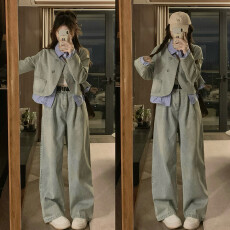 好质量实拍大码条纹拼接牛仔盐系外套+显瘦牛仔长裤两件套