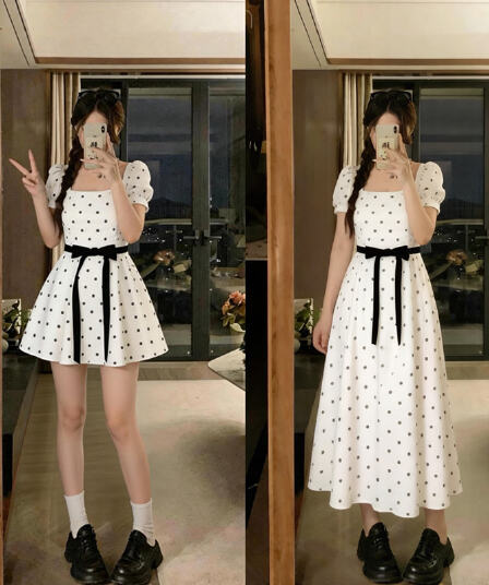 실사 빅 사이즈 프랑스식 첫사랑 부드러운 바람 캄파넬라 세과 광장 칼라 도트 무늬 드레스 레트로 품격 슬림해 보이는