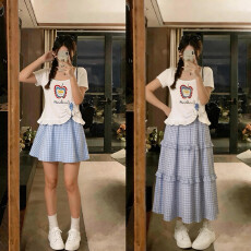 批发实拍大码胖MM显瘦卡通印花T恤+半身裙两件套