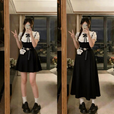 实拍大码法式茶歇假两件衬衫连衣裙娃娃领收腰裙子夏季