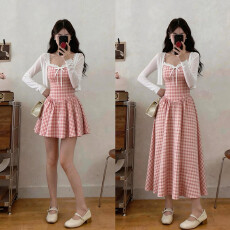 批发实拍大码甜心夏日韩系miu系格纹<b class='q'>连衣裙</b>显瘦+披肩两件套