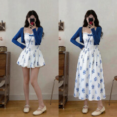 批发实拍大码法式碎花<b class='q'>连衣裙</b>女夏季花苞裙遮肚子显瘦+外衫两件套