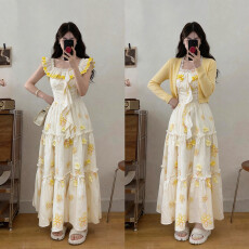 批发实拍大码橘味汽水<b class='q'>甜美</b>小飞袖立体花瓣长款<b class='q'>连衣裙</b>+针织外搭