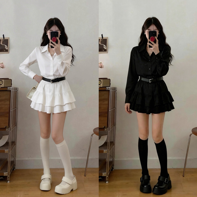 실사 빅 사이즈 한 부서 POLO 칼라 셔츠 허리 수축 드레스 반바지 투피스 세트 벨트 보내기