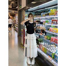 批发实拍<b class='q'>大码</b>抽绳撞色显瘦上衣+花边蛋糕韩系甜美风半身裤裙