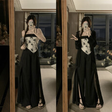 批发实拍大码中式复古水墨印花吊带+开叉裙裤+防晒外衫三件套