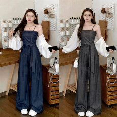 批发实拍<b class='q'>大码</b>超软超薄<b class='q'>牛仔</b>显瘦吊带+阔腿裤+外衫三件套