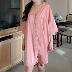 批发蕾丝边圆领丝滑家居衬衫连衣裙2025单排扣高端时尚宽松<b class='q'>孕妇</b><b class='q'>裙</b>大码