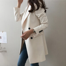 批发双排一粒扣简约休闲西服上衣女2025春秋韩版显瘦收腰中长西装外套