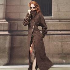 批发<b class='q'>欧美</b>风麂皮绒工装风衣外套女2025秋豹纹拼色西服领纯色长款大衣