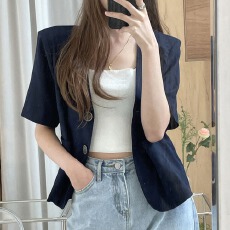 批发小清新深V领棉麻休闲西服空调外套 女2026春夏简约单排扣短袖西装