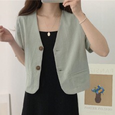批发小清新深V领棉麻休闲空调外套 女2026<b class='q'>韩版</b>简约两粒扣短袖西装上衣