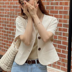 批发小清新深V领<b class='q'>棉麻</b>休闲空调外套 女2026韩版简约两粒扣短袖西装<b class='q'>上衣</b>