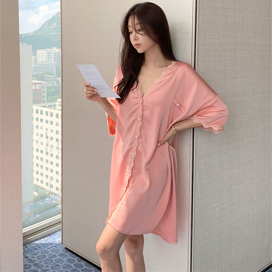 레이스 측면 라운드 넥 실크 미끄러짐 홈 셔츠 드레스 2026 싱글 줄 버튼 고급 패션 루즈핏 출산 스커트 빅 사이즈