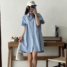 批发小清新单排扣翻领A字衬衫裙 2026新小个子休闲棉麻中长连衣裙<b class='q'>大码</b>