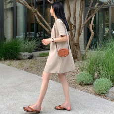 批发小清新圆领套头A字裙短袖 2026韩版小个子休闲亚麻中长<b class='q'>连衣裙</b>大码