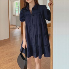 批发POL领层次感拼接A字<b class='q'>连衣裙</b>2026夏单排扣文艺宽松纯色棉麻中裙短袖